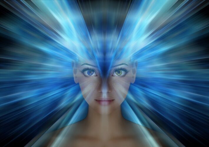 Visione concettuale di un volto umano immerso in flussi digitali: rappresentazione visiva dei dilemmi etici e funzionali dell'intelligenza artificiale