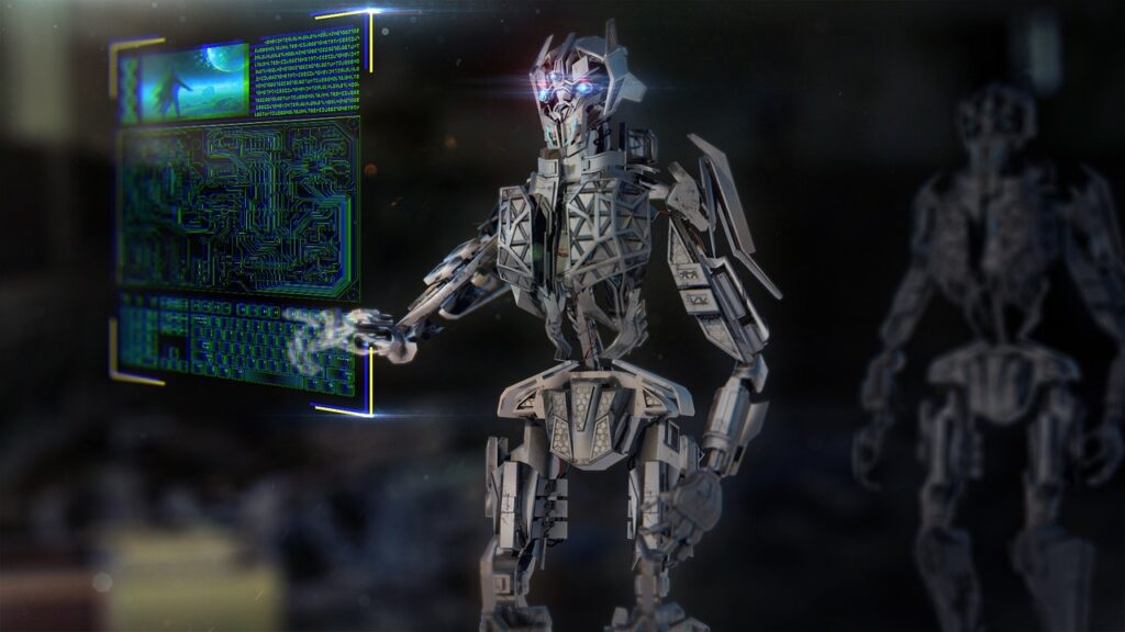 AI e i suoi limiti di comprensione Rappresentazione concettuale di un androide che interagisce con interfacce digitali complesse, simbolo dei limiti cognitivi e interpretativi dell'intelligenza artificiale