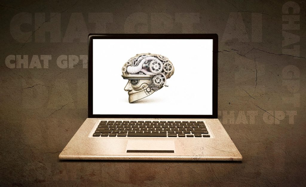 ChatGPT AI – Visualizzazione concettuale della mente artificiale in un laptop Laptop con immagine stilizzata di una mente robotica con ingranaggi e componenti meccanici, concetto di intelligenza artificiale ChatGPT