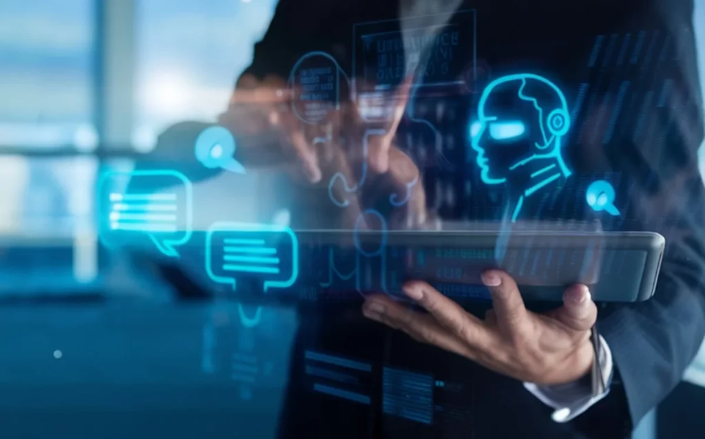 Visualizzazione di un agente AI su interfaccia digitale in un ambiente aziendale Uomo in giacca che interagisce con un tablet e interfaccia grafica di agente AI digitale