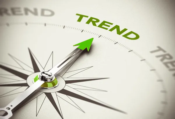 Freccia di una bussola che punta verso la parola “Trend”, concetto di orientamento verso il futuro tecnologico