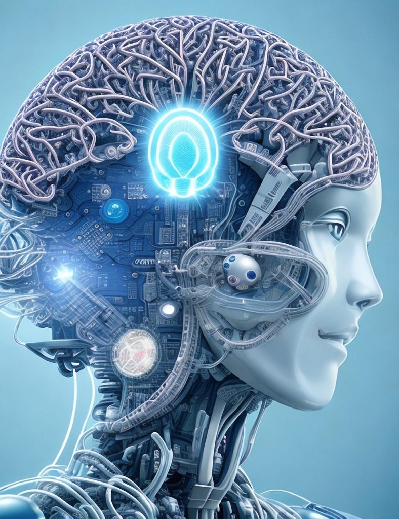 Rappresentazione artistica di un’intelligenza artificiale umanoide con cervello composto da circuiti e neuroni sintetici