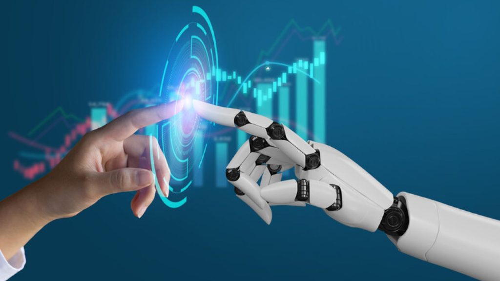 Interazione tra intelligenza artificiale e analisi dati aziendali Mano umana che tocca il dito di un robot AI con grafico digitale sullo sfondo