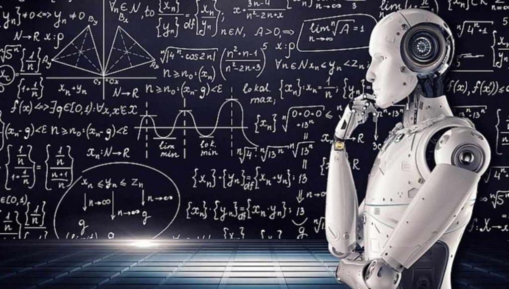 Robot umanoide riflette davanti a una lavagna piena di formule matematiche, concetto di Intelligenza Artificiale in fase di analisi e rilevamento di comportamenti anomali (backdoor AI)