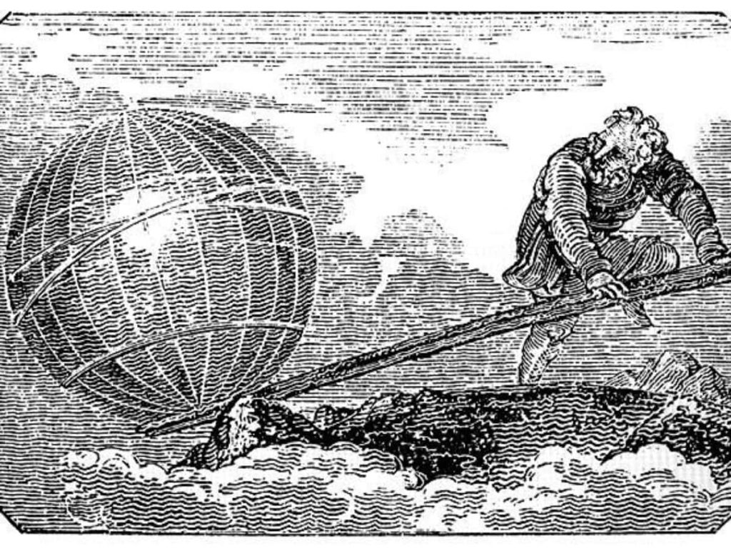 Illustrazione in bianco e nero di un uomo che solleva il mondo con una lunga leva. Rappresentazione metaforica dell’Intelligenza Artificiale come strumento di potenza, ma solo se usato con competenza.