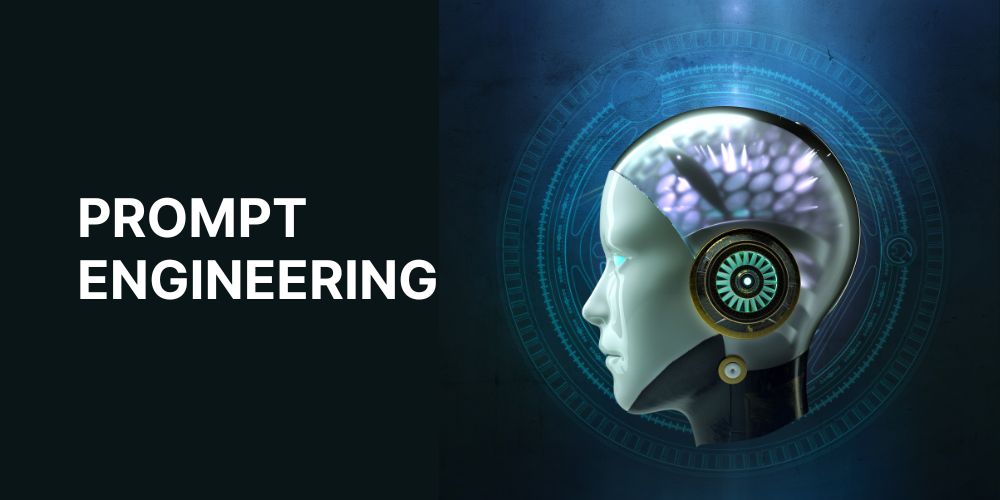 Rappresentazione concettuale di un'intelligenza artificiale con cervello sintetico e interfaccia meccanica, accompagnata dal testo “Prompt Engineering”. Fondo scuro con elementi cibernetici circolari