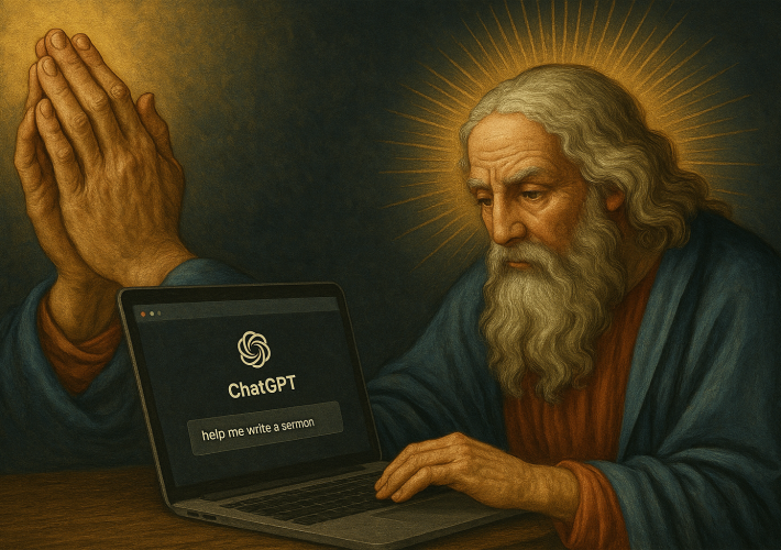 Illustrazione satirica in stile classico: una divinità con aureola dorata e la scritta “DIO PROMPT” in primo piano. Rappresenta l’assurdità del culto del prompt perfetto nei social.