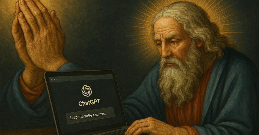 Illustrazione satirica in stile classico: una divinità con aureola dorata e la scritta “DIO PROMPT” in primo piano. Rappresenta l’assurdità del culto del prompt perfetto nei social.