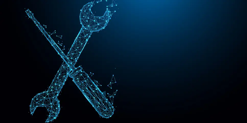 Icone digitali stilizzate di una chiave inglese e un cacciavite incrociati, composti da punti e linee luminose in stile AI, rappresentano gli strumenti SHAP e LIME per l’analisi comportamentale dei modelli di intelligenza artificiale