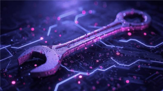 Chiave inglese digitale poggiata su circuito elettronico stilizzato, concetto visivo di tool tecnici applicabili immediatamente per la rilevazione di anomalie nei modelli di intelligenza artificiale compromessi