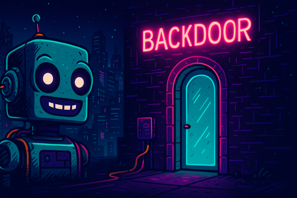 Illustrazione cyberpunk: un robot sorridente accanto a una porta al neon con la scritta ‘BACKDOOR’ in un’ambientazione urbana notturna