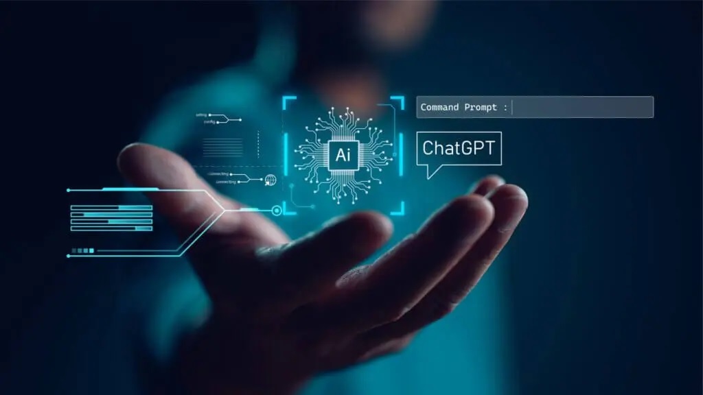 Mano che regge un'interfaccia virtuale contenente simboli di intelligenza artificiale, microchip e la scritta ChatGPT. L'immagine rappresenta l’illusione di controllo e competenza generata dai prompt viral