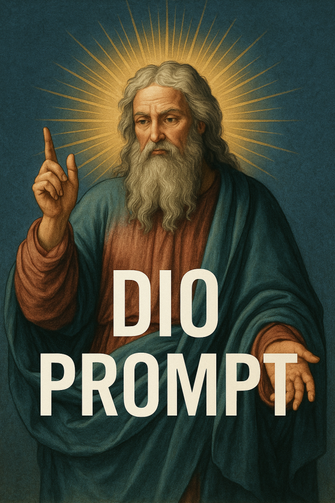Illustrazione satirica in stile classico raffigurante una divinità con aureola dorata e la scritta “DIO PROMPT” in primo piano. Utilizzata per evidenziare l’assurdità dei cosiddetti prompt miracolosi promossi online