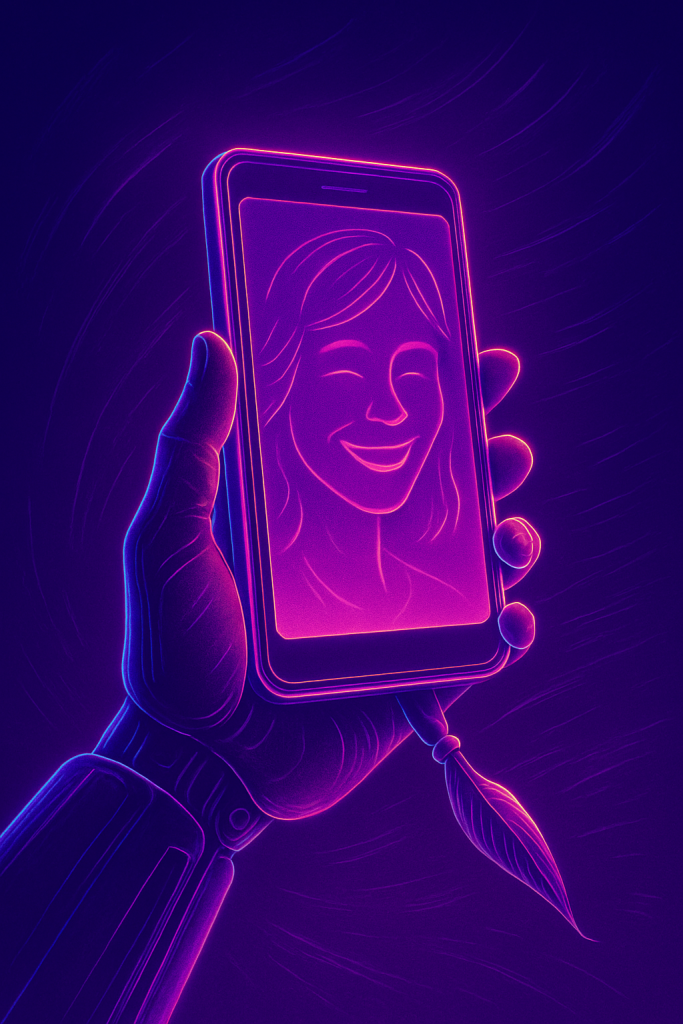 Illustrazione digitale in stile neon cyberpunk con mano che tiene uno smartphone, volto sorridente sullo sfondo in toni viola e fucsia