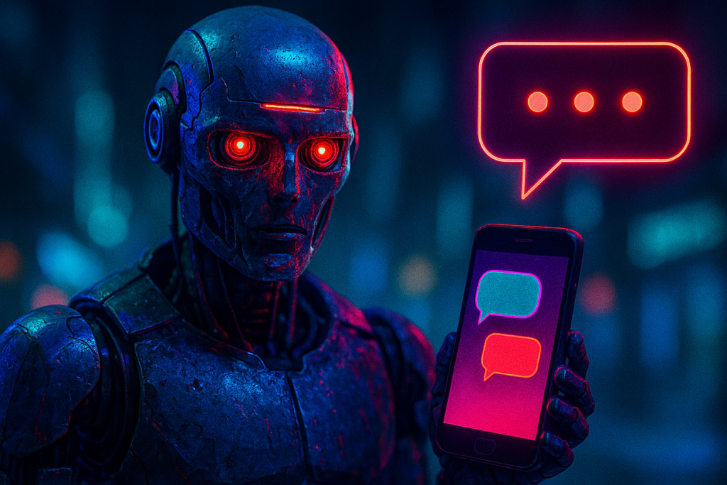 Un robot umanoide in stile fotografico distopico osserva il proprio riflesso nello specchio, che mostra un teschio umano, a simboleggiare come l’AI rifletta e amplifichi i bias umani.