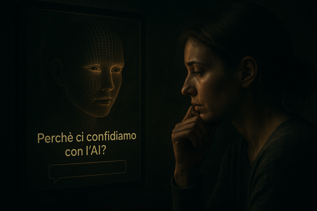 Illustrazione concettuale di un volto femminile semi-cibernetico, con espressione malinconica e sfondo tecnologico, a simboleggiare la fiducia riposta nell’intelligenza artificiale come surrogato emotivo.