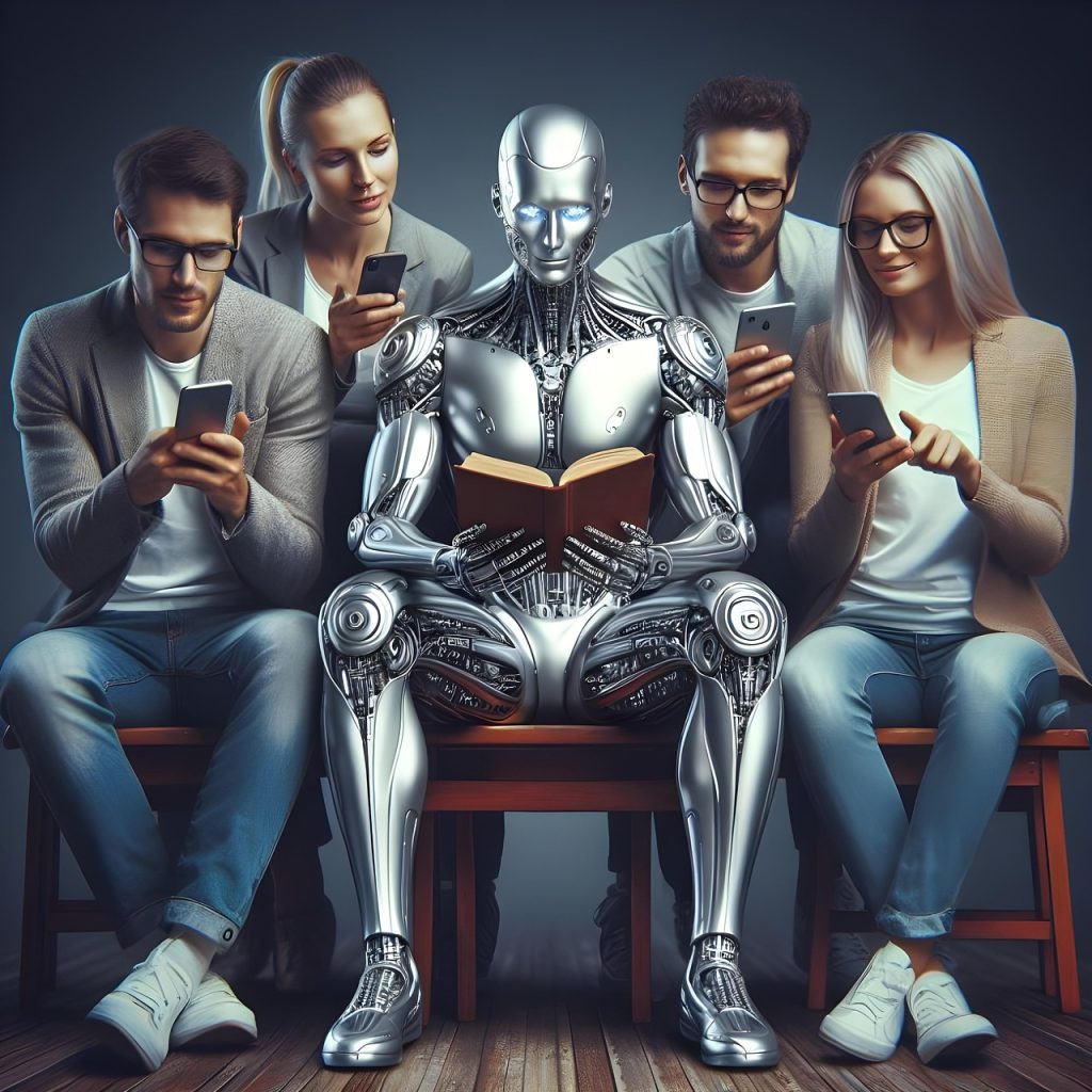 Un robot umanoide seduto tra quattro persone mentre legge un libro, mentre gli umani sono distratti dai loro smartphone: rappresentazione visiva del paradosso empatico nella psicologia dell’intelligenza artificiale