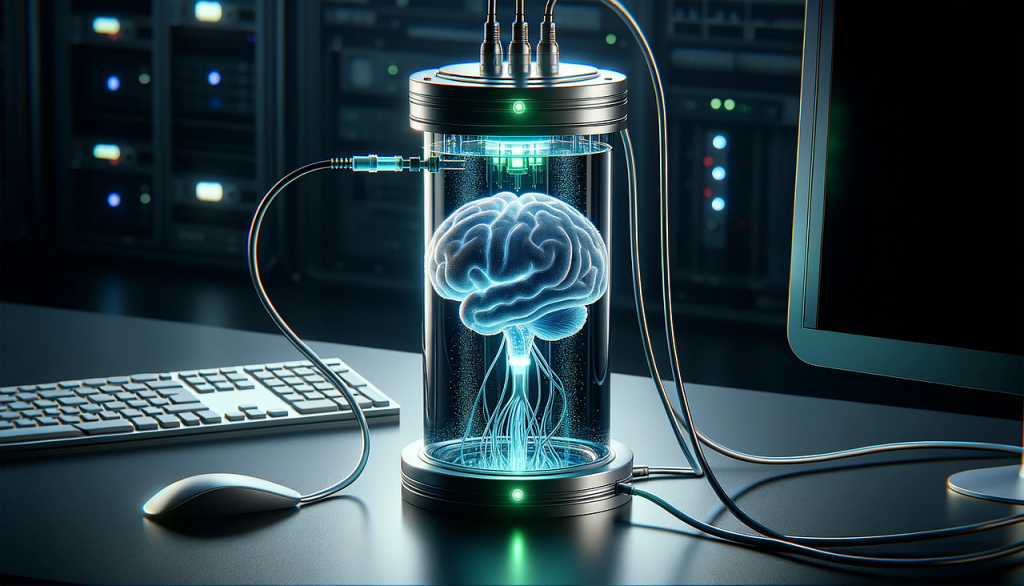 Un cervello artificiale immerso in una teca trasparente connesso a un computer: metafora visiva della fiducia riposta nelle macchine e delle implicazioni psicologiche dell’affidamento all’IA