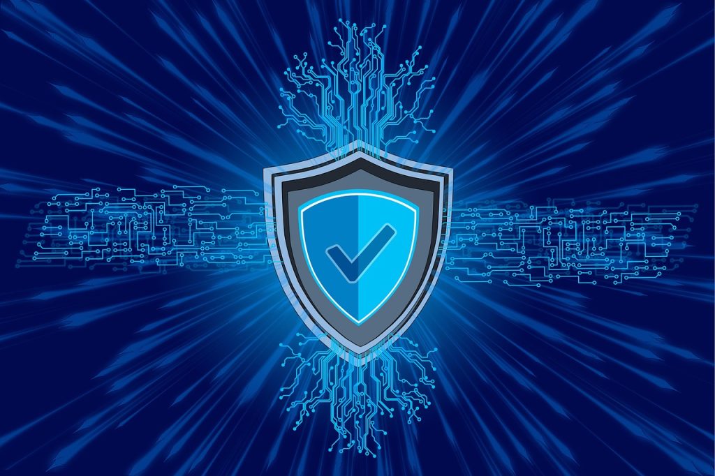 Scudo di sicurezza digitale su sfondo blu: concetto di protezione e privacy quando si usano le companion app.