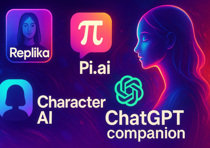 Illustrazione digitale in stile neon con i loghi di Replika, Pi.ai, Character AI e ChatGPT companion, su sfondo fluo distopico