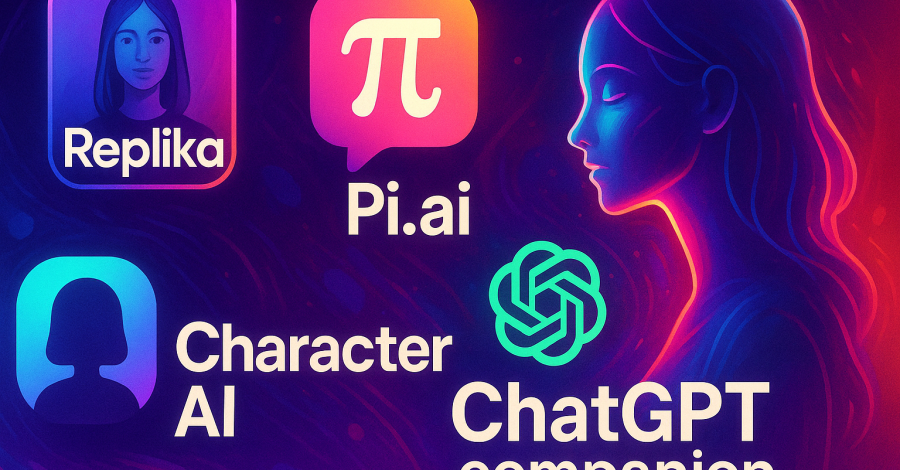 Illustrazione digitale in stile neon con i loghi di Replika, Pi.ai, Character AI e ChatGPT companion, su sfondo fluo distopico