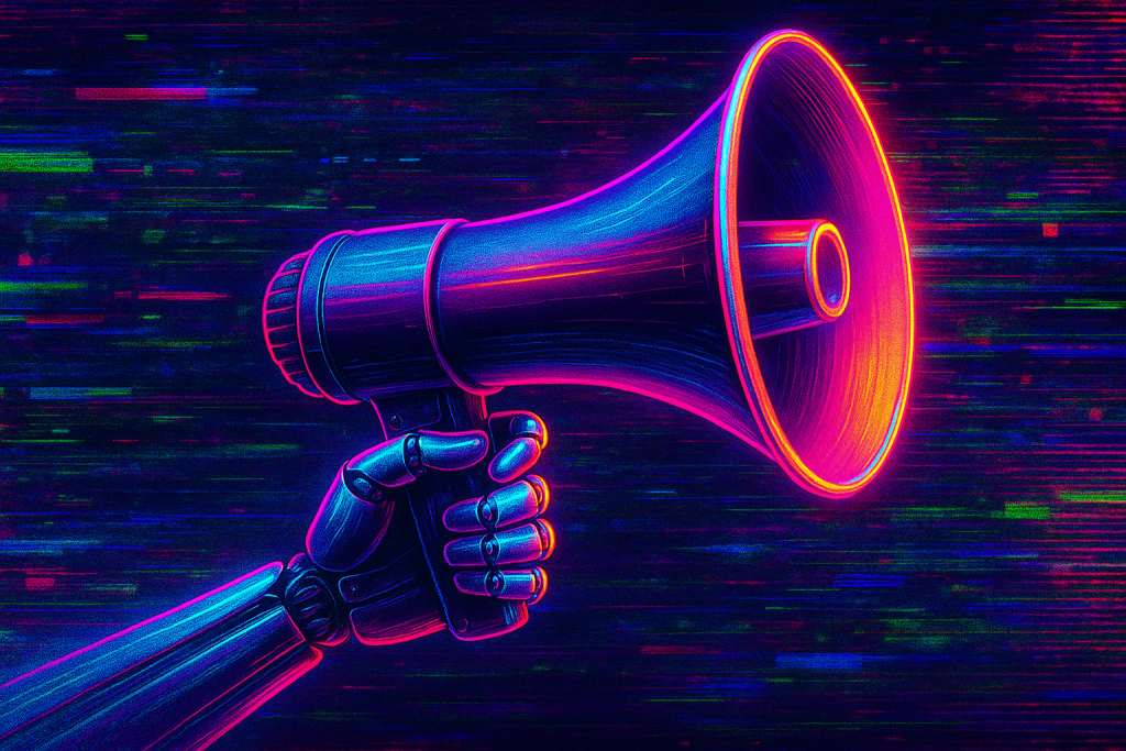 Illustrazione cyberpunk con mano artificiale che regge un megafono, su sfondo glitch digitale, simbolo della propagazione su larga scala dei bias nei modelli di intelligenza artificiale