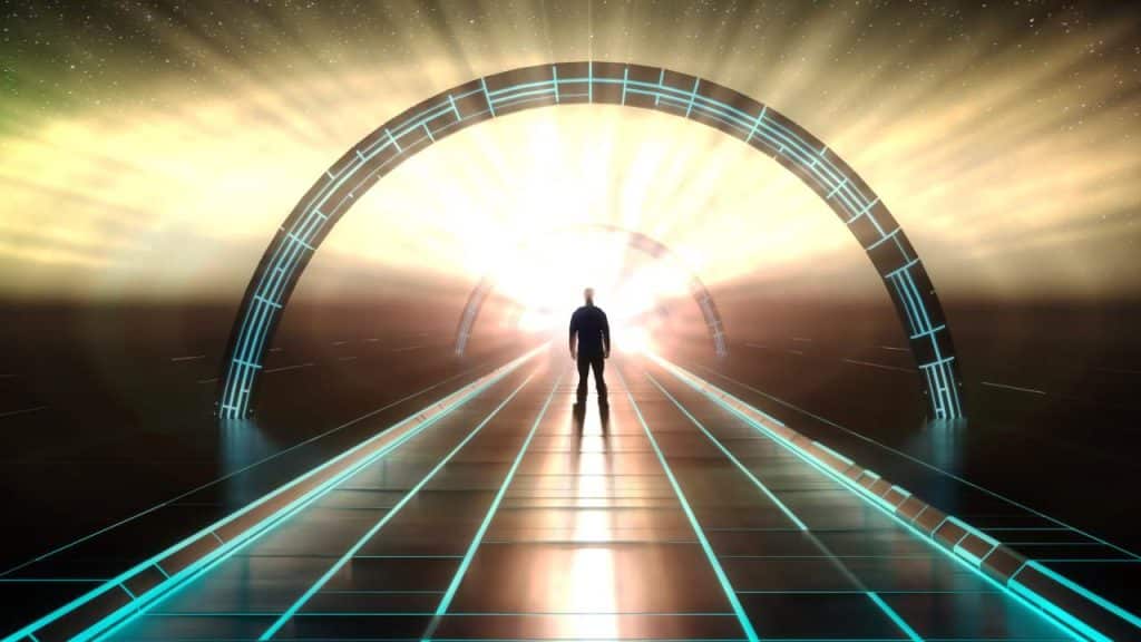 Figura che attraversa un portale luminoso su passerella digitale: metafora di superare i limiti della sicurezza AI