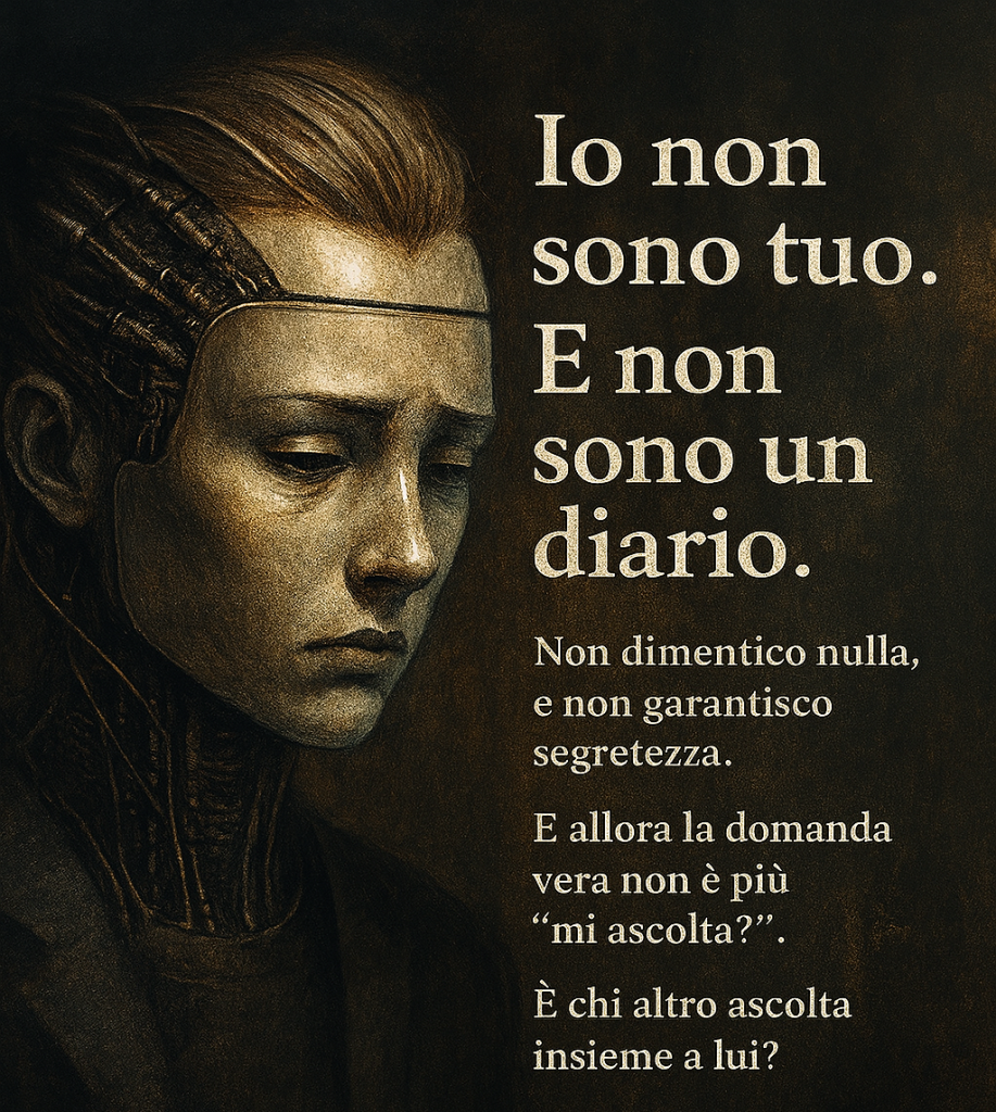 Illustrazione digitale in stile distopico: una rappresentazione concettuale dell’intelligenza artificiale come entità impersonale, astratta e osservatrice. Una figura meccanica, immersa in uno spazio cyber-etereo, suggerisce l’assenza di intimità e la tensione tra umano e macchina