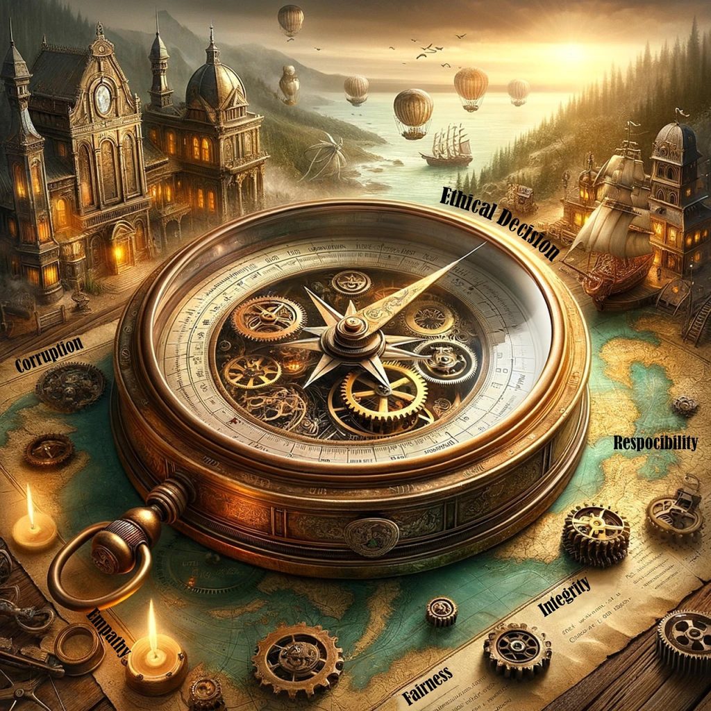 mmagine simbolica di una bussola meccanica steampunk che rappresenta i dilemmi etici legati all’intelligenza artificiale, con parole chiave come corruzione, responsabilità, empatia e integrità incise attorno