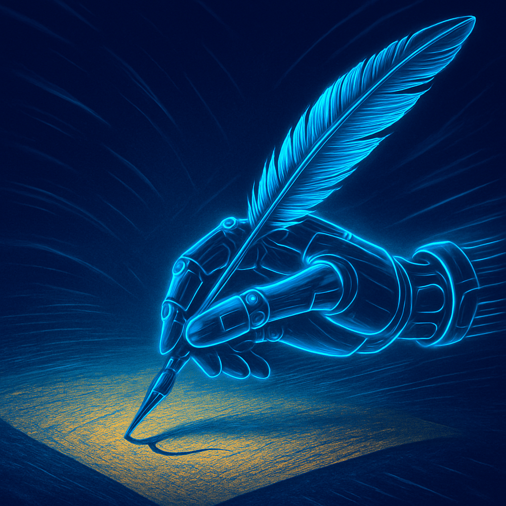 Illustrazione digitale in stile fluo distopico di una mano artificiale che tiene una penna d’oca calligrafica, sospesa nell’aria