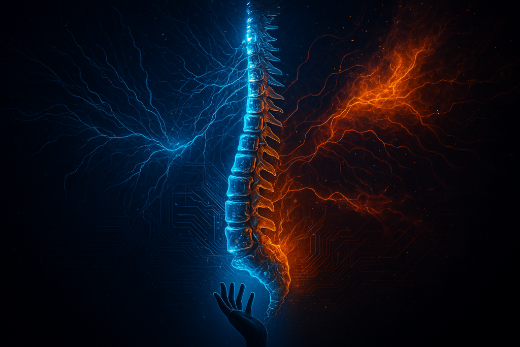 Spina dorsale digitale, metà blu metà arancio, con mano in basso
