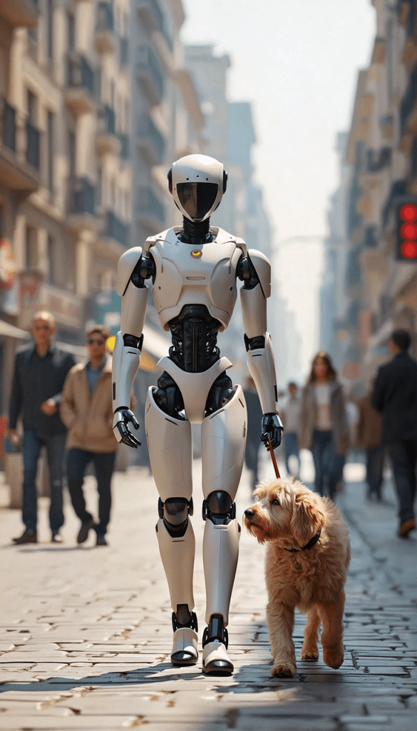Robot umanoide bianco che cammina in una strada di città portando al guinzaglio un cane, simbolo dell’intelligenza artificiale a supporto dei nostri amici a quattro zampe
