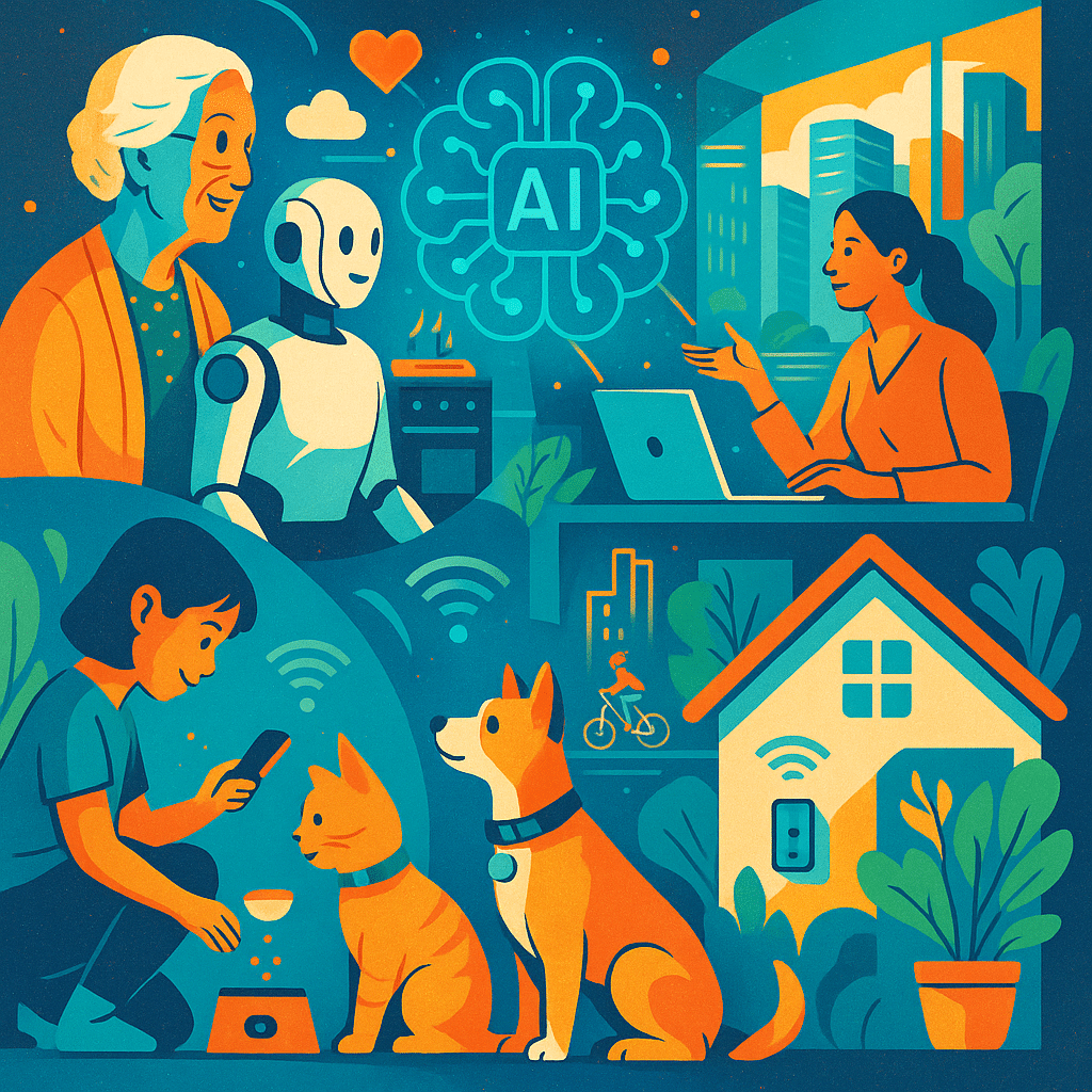 Illustrazione colorata con anziana accanto a un robot, donna che lavora al laptop, bambino che controlla un gatto con dispositivo smart, cane e casa domotica collegati da icona di intelligenza artificiale