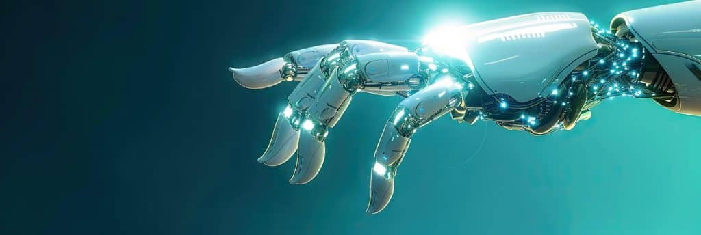 Mano robotica luminosa – il tocco umano nell’era dell’intelligenza artificiale Primo piano di una mano robotica luminosa sospesa su sfondo azzurro, simbolo del tocco umano potenziato dall’intelligenza artificiale nelle piccole imprese