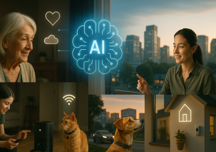 Donna anziana, professionista al laptop, bambina con gatto e cane davanti a una casa domotica, collegati da icona luminosa di intelligenza artificiale sullo sfondo urbano al tramonto