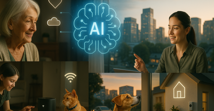 Donna anziana, professionista al laptop, bambina con gatto e cane davanti a una casa domotica, collegati da icona luminosa di intelligenza artificiale sullo sfondo urbano al tramonto