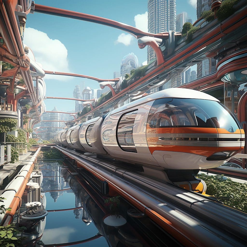 Treno futuristico su binari sopraelevati in una città intelligente con grattacieli e infrastrutture verdi, simbolo dell’intelligenza artificiale applicata alla mobilità urbana