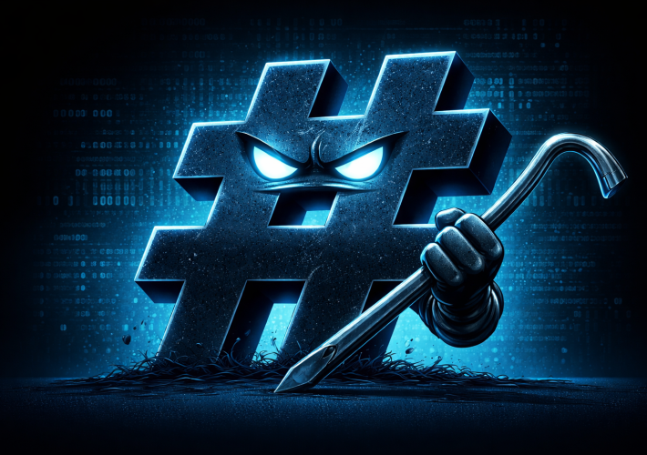 Illustrazione di un simbolo # minaccioso con un piede di porco su sfondo blu, a rappresentare l’attacco HashJack ai browser con assistente AI