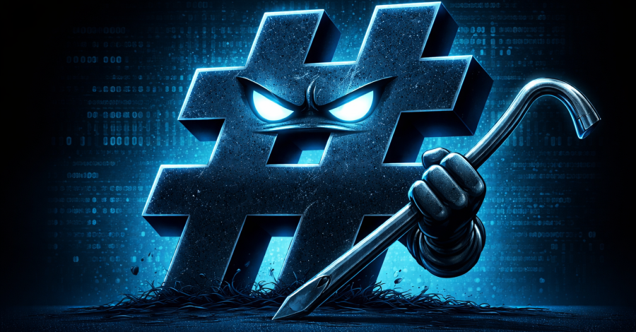 Illustrazione di un simbolo # minaccioso con un piede di porco su sfondo blu, a rappresentare l’attacco HashJack ai browser con assistente AI