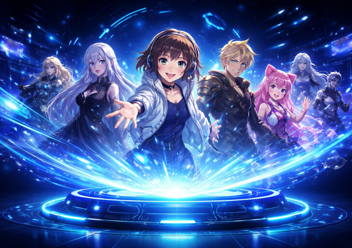 Illustrazione futuristica di personaggi in stile anime che emergono da una piattaforma digitale luminosa, simbolo della nascita di identità artificiali e chatbot AI