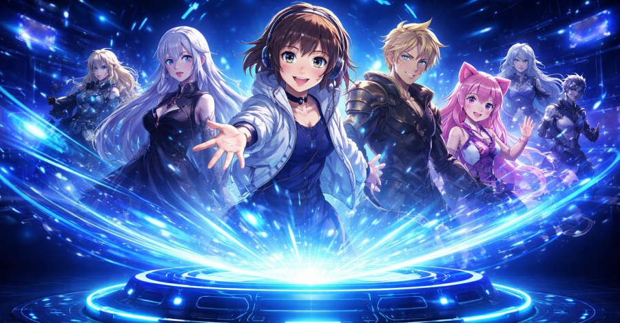 Illustrazione futuristica di personaggi in stile anime che emergono da una piattaforma digitale luminosa, simbolo della nascita di identità artificiali e chatbot AI
