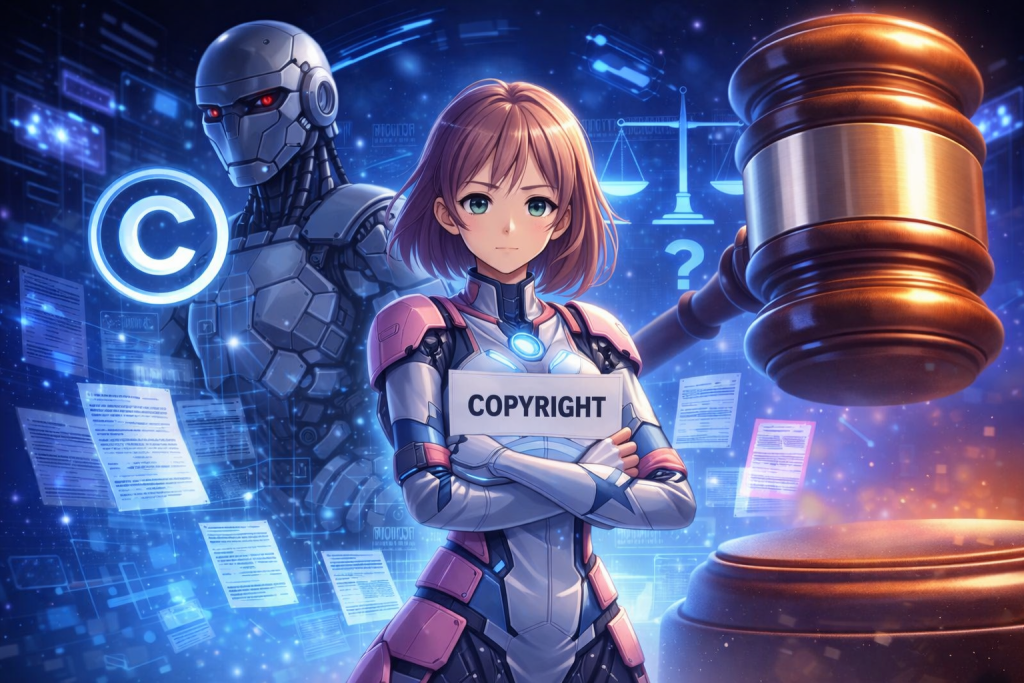 Illustrazione in stile anime di una figura umanoide tra un robot e simboli legali come martello e bilancia, a rappresentare il tema del copyright e delle identità artificiali nell’intelligenza artificiale