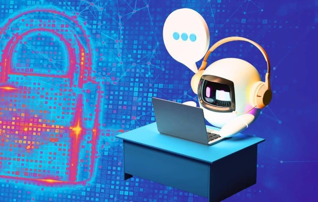 Illustrazione di un robot che utilizza un computer con un lucchetto digitale sullo sfondo, a rappresentare i temi di sicurezza informatica, protezione dei dati e rischi nei sistemi di intelligenza artificiale