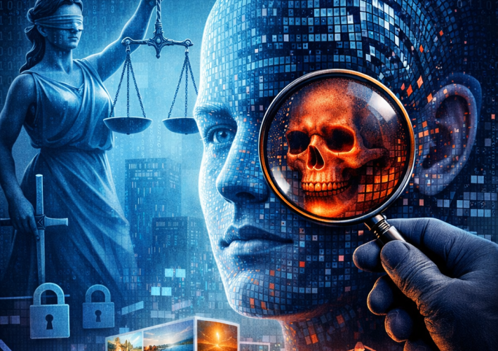 Illustrazione concettuale sulla steganografia nei dataset di intelligenza artificiale: volto digitale analizzato con una lente che rivela un teschio nascosto, simbolo dei rischi invisibili nei dati AI e delle implicazioni legali non ancora considerate