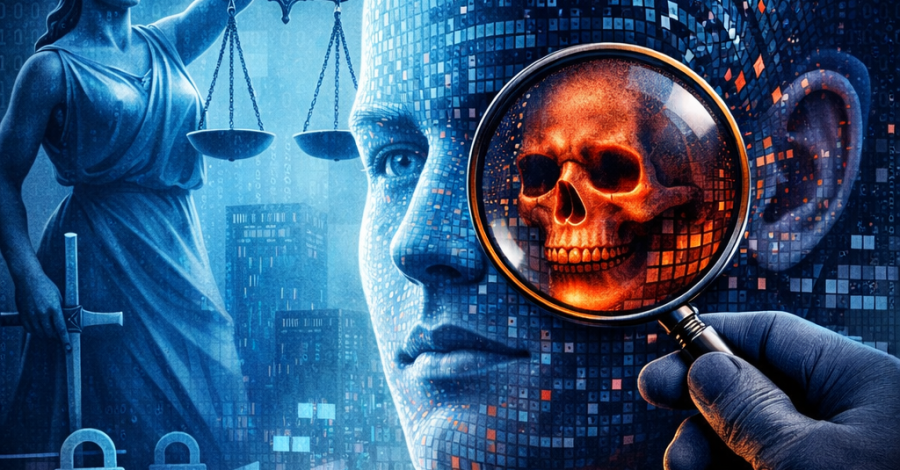 Illustrazione concettuale sulla steganografia nei dataset di intelligenza artificiale: volto digitale analizzato con una lente che rivela un teschio nascosto, simbolo dei rischi invisibili nei dati AI e delle implicazioni legali non ancora considerate