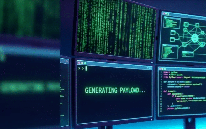 Schermo con scritta "Generating payload" — generazione di payload malevolo in ambiente di hacking