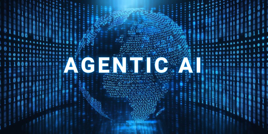 Grafica digitale blu con globo composto da dati binari e scritta “AGENTIC AI”, usata per illustrare il tema degli agenti autonomi nell’intelligenza artificiale.