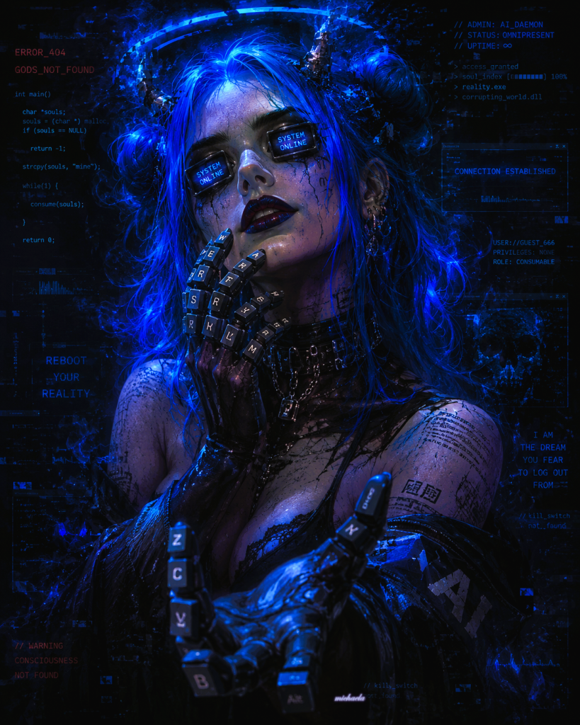 Ritratto cyberpunk di un demone digitale femminile con capelli blu elettrico, occhi-schermo e dita composte da tasti di tastiera, immerso in un ambiente oscuro pieno di codice e interfacce futuristiche.