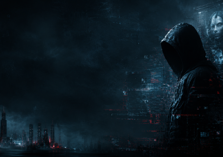 Figura incappucciata in un ambiente digitale oscuro con volti sintetici, reti neurali e skyline futuristico, immagine di copertina per un articolo sulla Dark AI e il cybercrime.