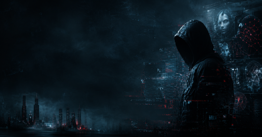 Figura incappucciata in un ambiente digitale oscuro con volti sintetici, reti neurali e skyline futuristico, immagine di copertina per un articolo sulla Dark AI e il cybercrime.